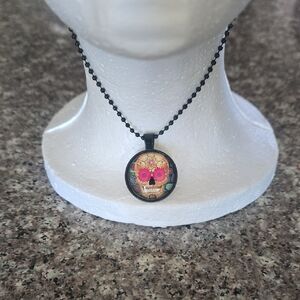 Sugar Skull Floral Pendant Necklace - Pink & Black